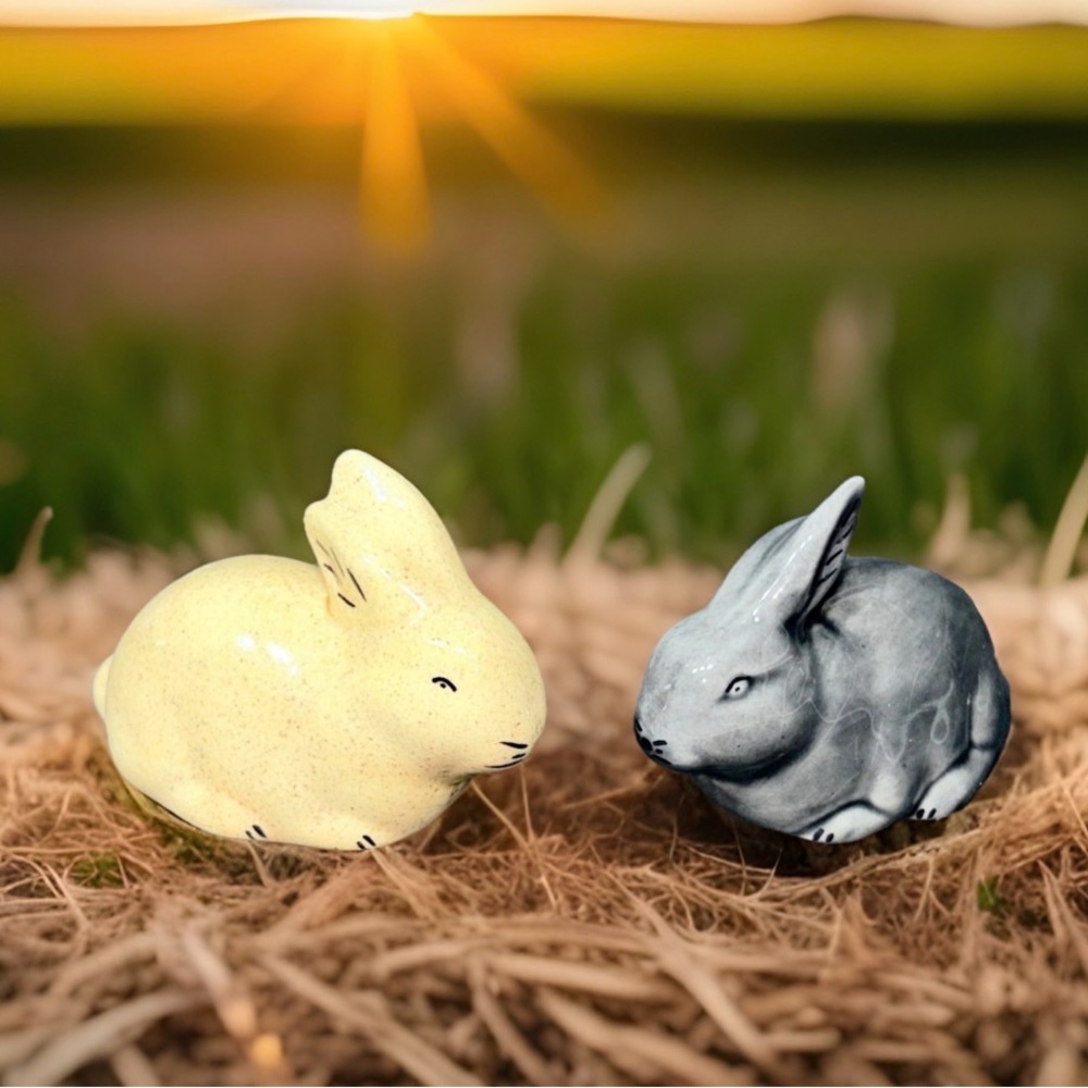 Vtg Ceramic Bunny Rabbit Figurines Set of 2 Cream and Grey Glossy Easter Decor